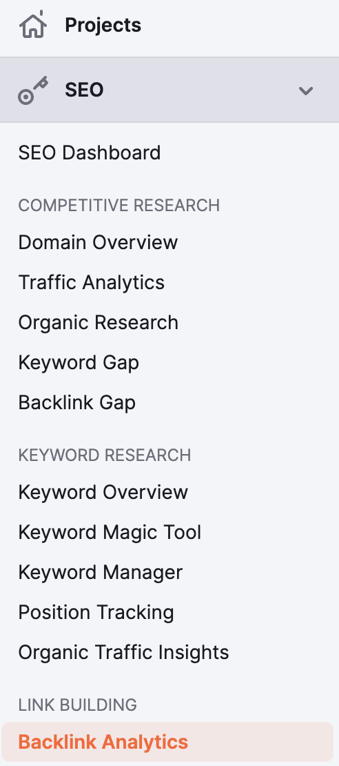 링크 속도를 찾기 위해 semrush 메뉴에서 백링크 분석을 선택합니다.