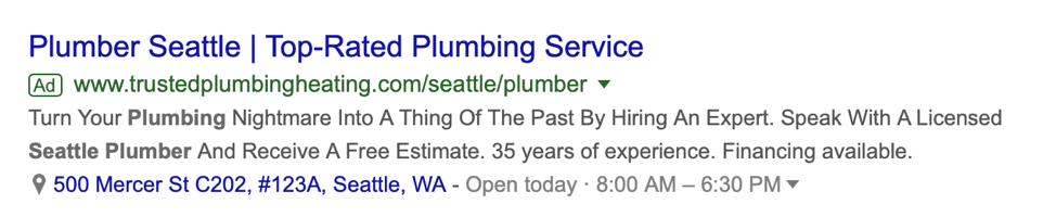 Plombier Seattle - Campagne Google Ads