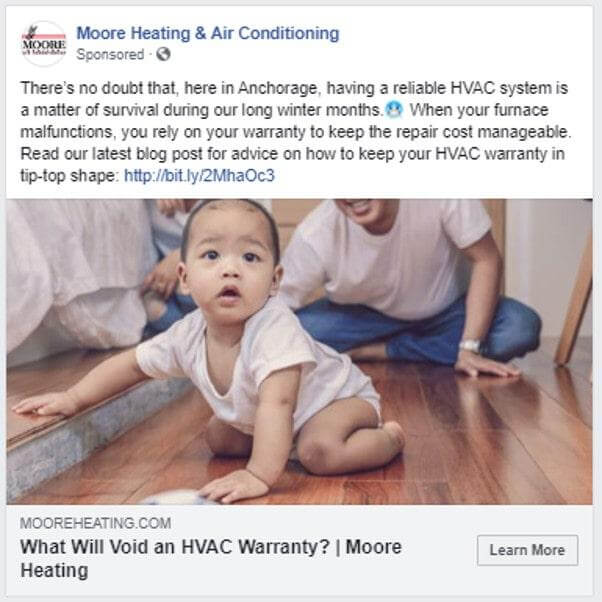 Les publicités Facebook créatives de la société Moore Heating & Air Conditioning