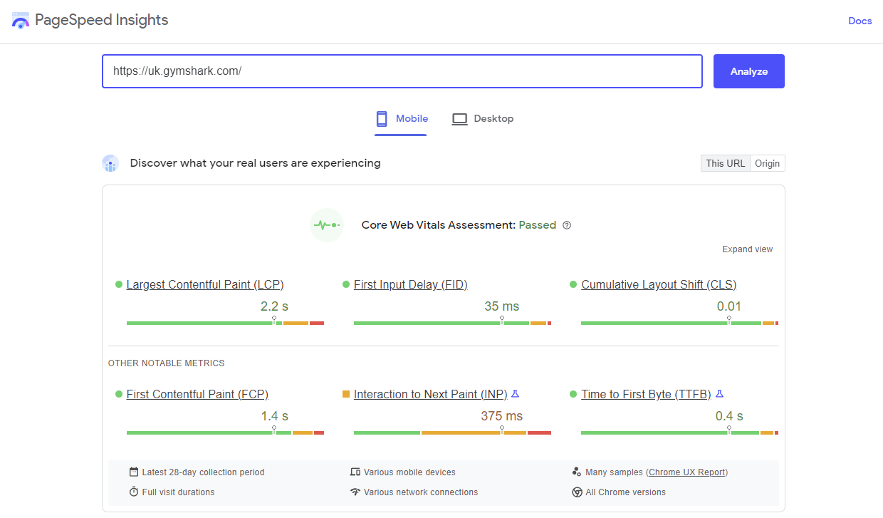 Capture d'écran de l'outil PageSpeed ​​Insights