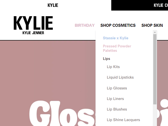 Capture d'écran de la navigation du site sur Kylie Cosmetics