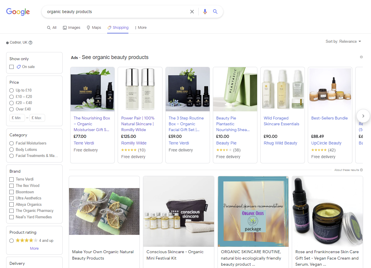 Capture d'écran de Google Shopping