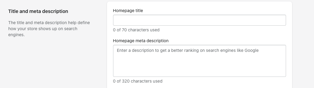 Capture d'écran de la boîte de métadonnées de la page d'accueil sur Shopify