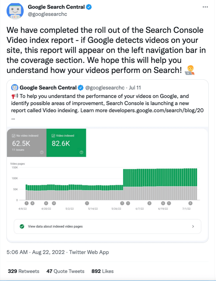 إعلان Google Search Central Twitter عن حالة الإعلان عن تقرير فهرسة الفيديو