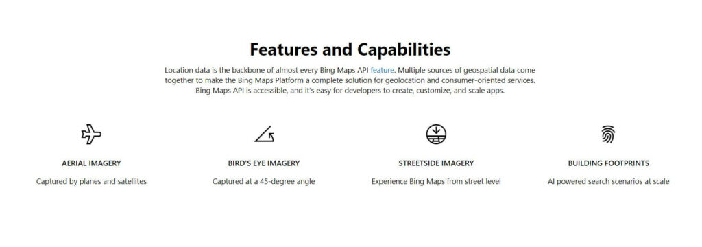 قسم "الميزات والإمكانيات" في صفحة واجهة برمجة تطبيقات خرائط Bing