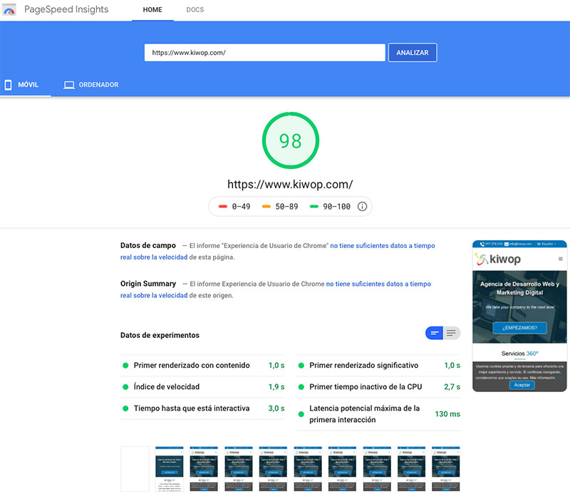 الملاحظة 98 على Google PageSpeed ​​Insights Mobile Kiwop