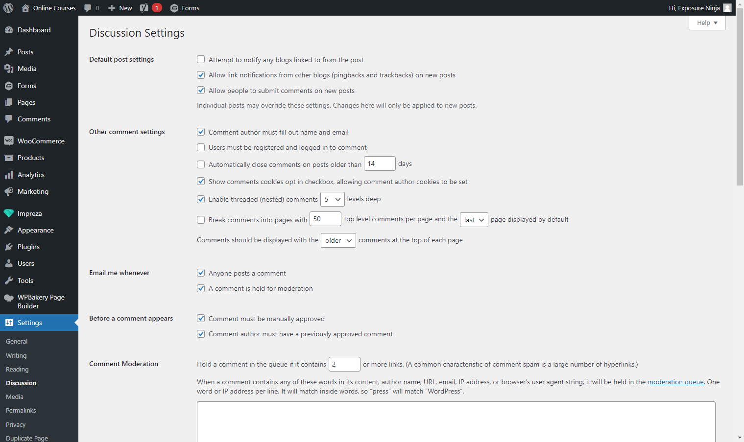 Captura de pantalla de la configuración de discusión en WordPress