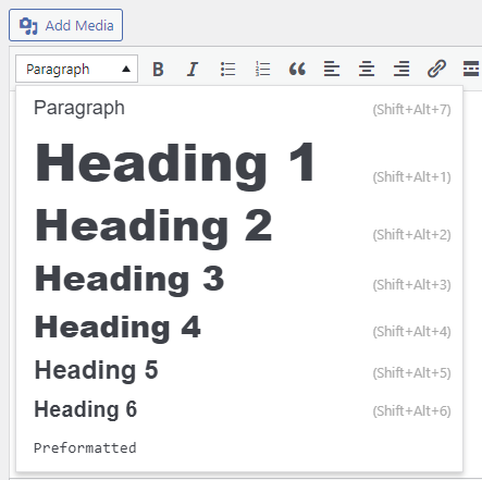 Captura de pantalla de los diferentes encabezados en WordPress