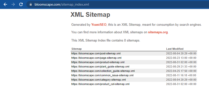 Captura de pantalla de un mapa del sitio XML