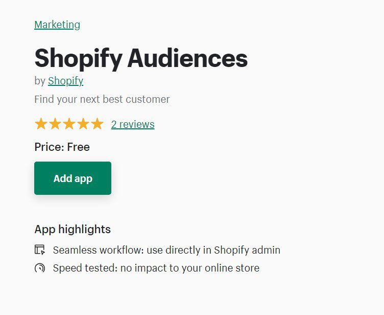 Shopify オーディエンスアプリストアページ