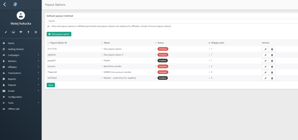 options de paiement de la configuration post affilié pro