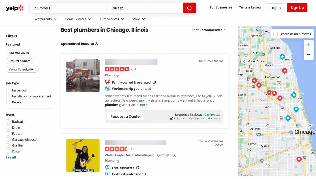 Yelp で配管工シカゴを検索したときの最初のいくつかの結果