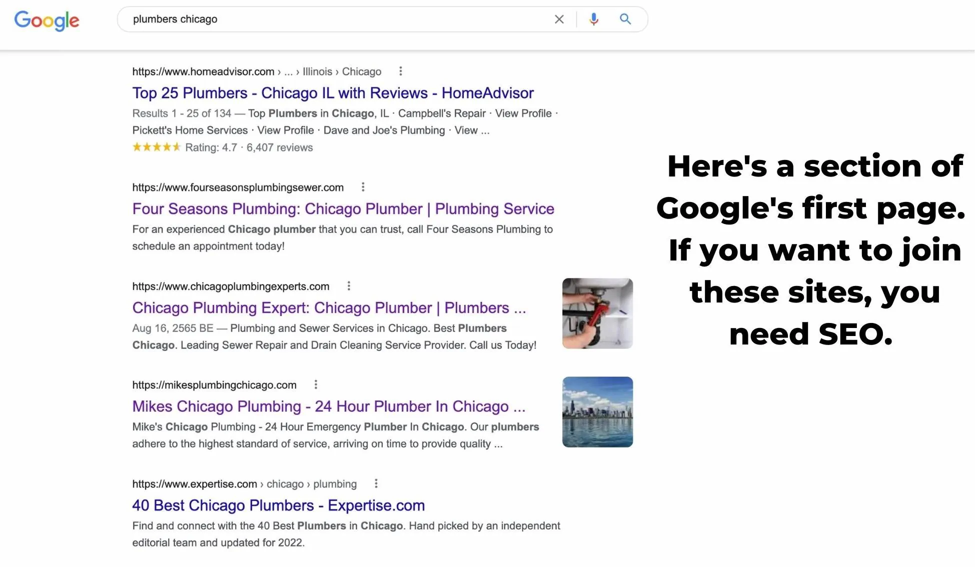 Google の SERP でのシカゴの配管工の最初のいくつかの結果の例