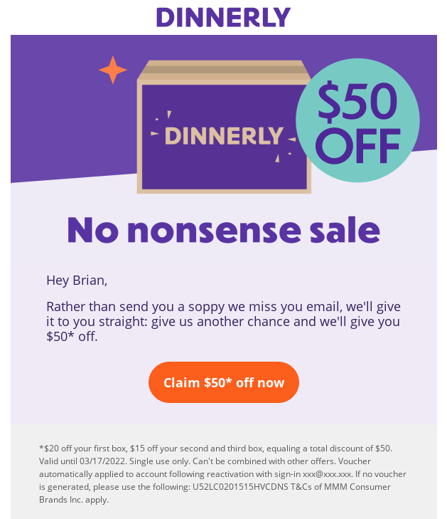 Campaña de correo electrónico de re-compromiso de Dinnerly con $50 de descuento