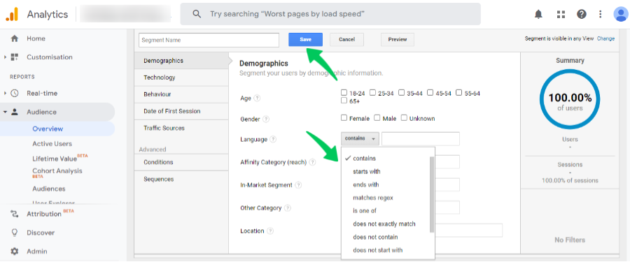 เพิ่มกลุ่มขั้นสูงของ Google Analytics