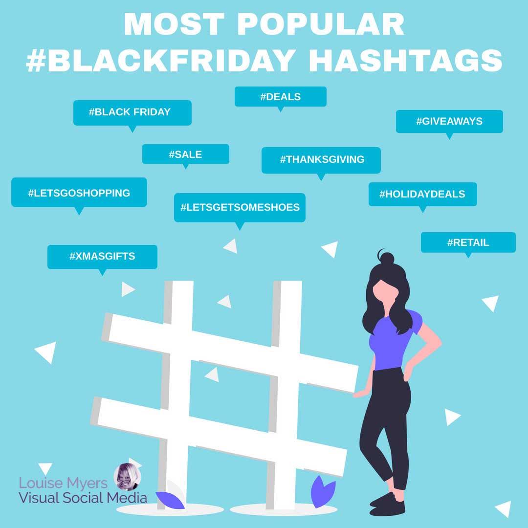 Dev hashtag sembolü ile duran kadın, en popüler Black Friday hashtag'lerini listeler.