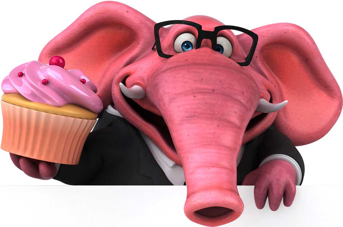 cartoon rosa elefant mit anzug und brille.