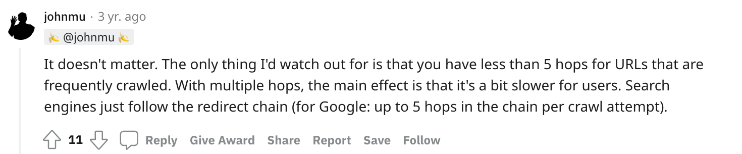 Reddit 线程中，Google 的 John Mueller 表示 Googlebot 在放弃之前最多只会跟踪 5 次重定向。