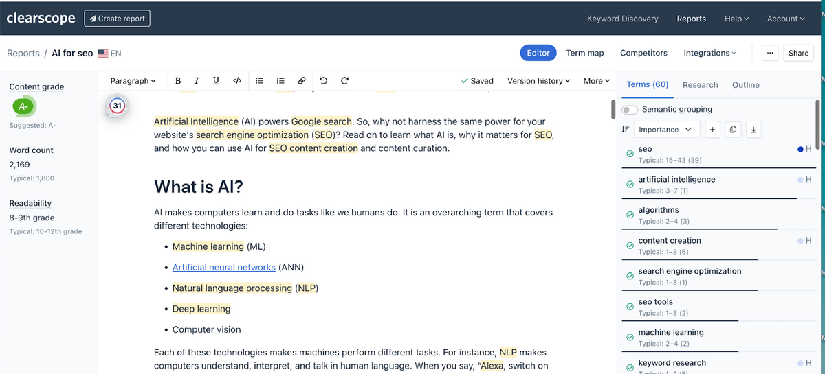 Wyświetla raport Clearscope do optymalizacji SEO treści, zapewnia ocenę treści, liczbę słów, słowa kluczowe do użycia itp