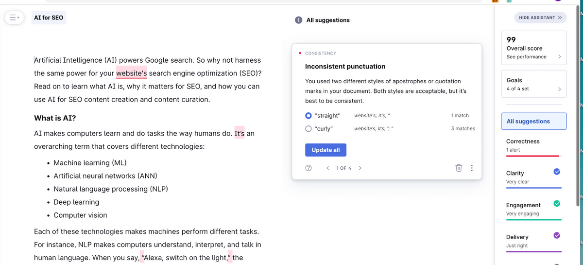 Pokazuje, jak narzędzia AI, takie jak Grammarly, automatycznie sprawdzają gramatykę, interpunkcję i styl pisania