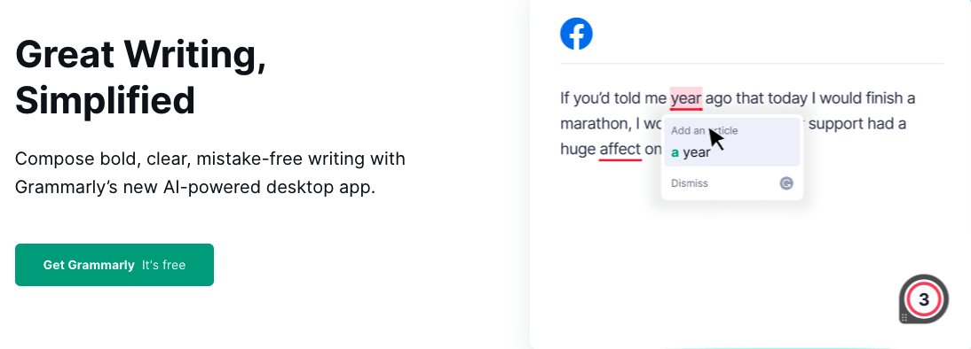 Zrzut ekranu strony głównej Grammarly