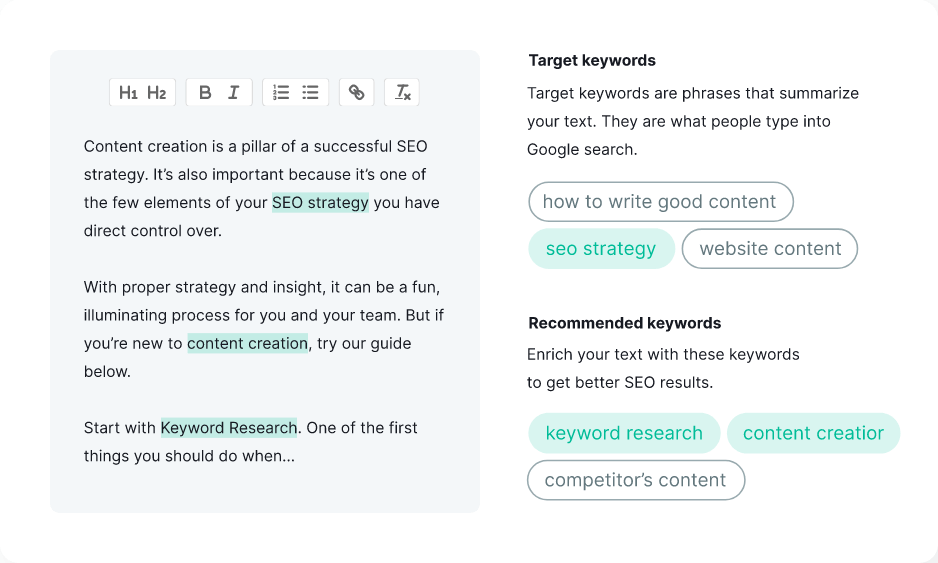 SEMRush SEO Writing Assistant wymienia polecane słowa kluczowe