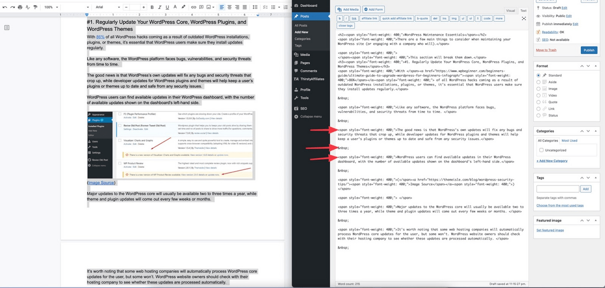 Zrzut ekranu przedstawiający dodatkowy kod w WordPress po skopiowaniu z dokumentu Google