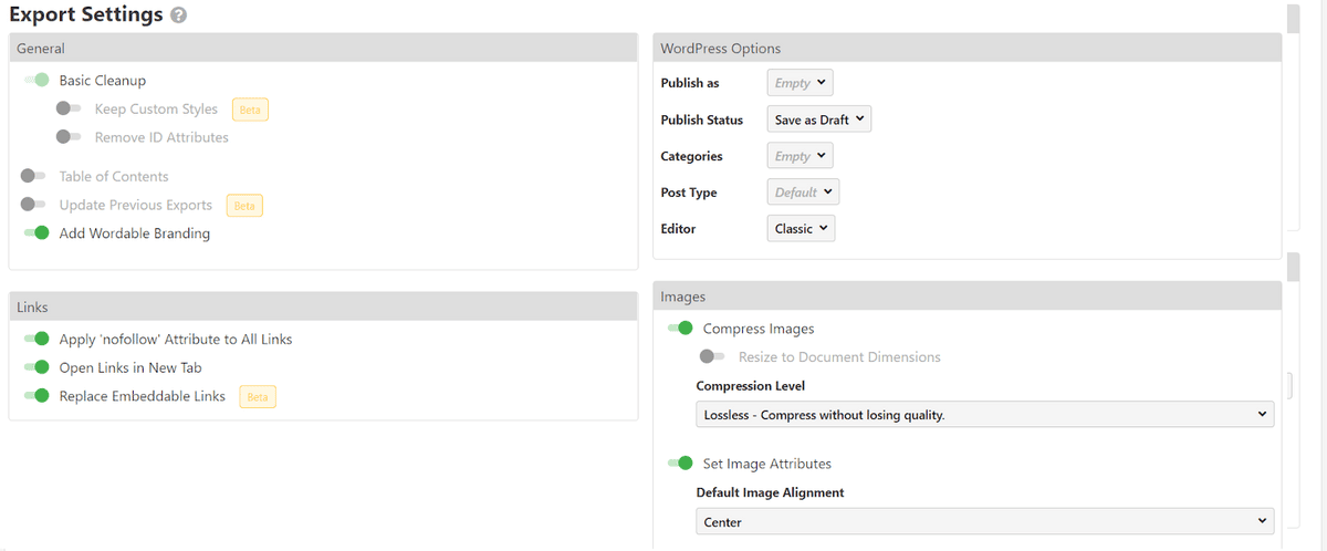 Configuración de exportación en Wordable