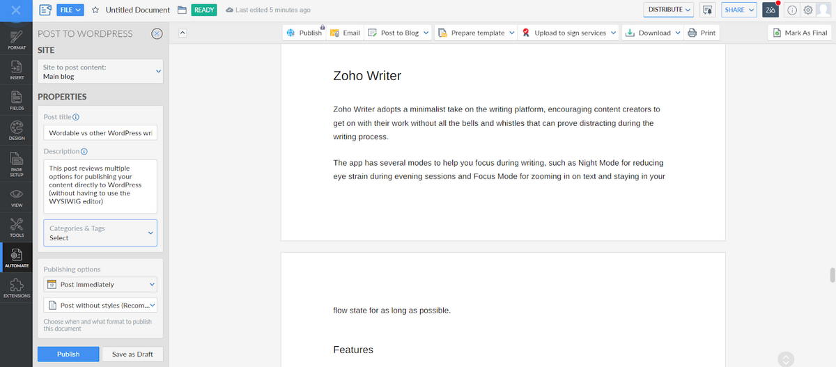 Opciones de publicación de Zoho Writer