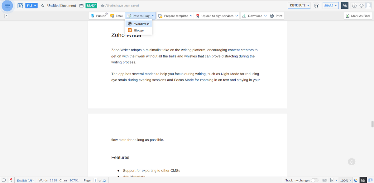 Menú de distribución en Zoho Writer