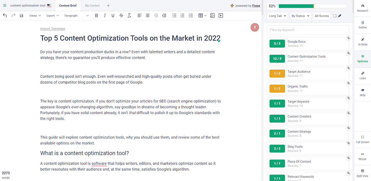 Captura de pantalla del panel de optimización de contenido de Fraze