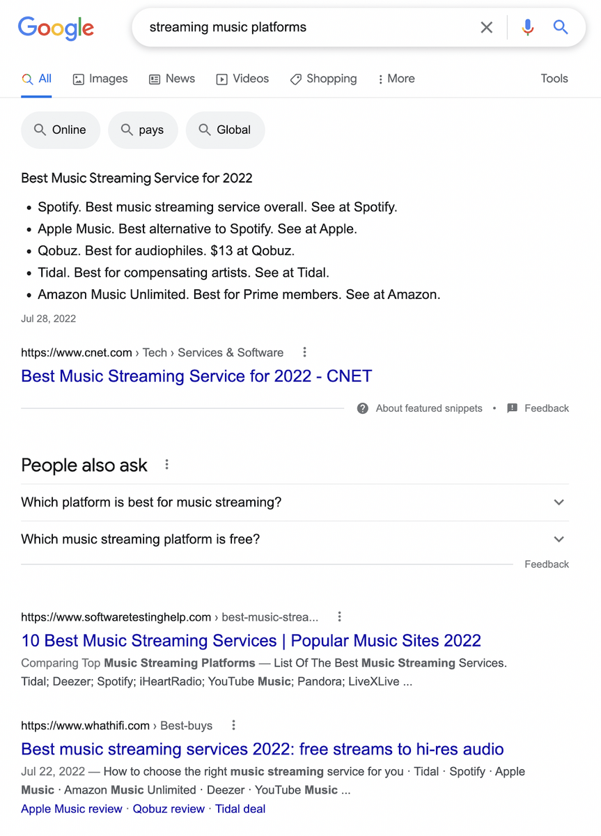 ผลการค้นหาของ Google เมื่อค้นหาแพลตฟอร์มเพลงสตรีมมิ่ง
