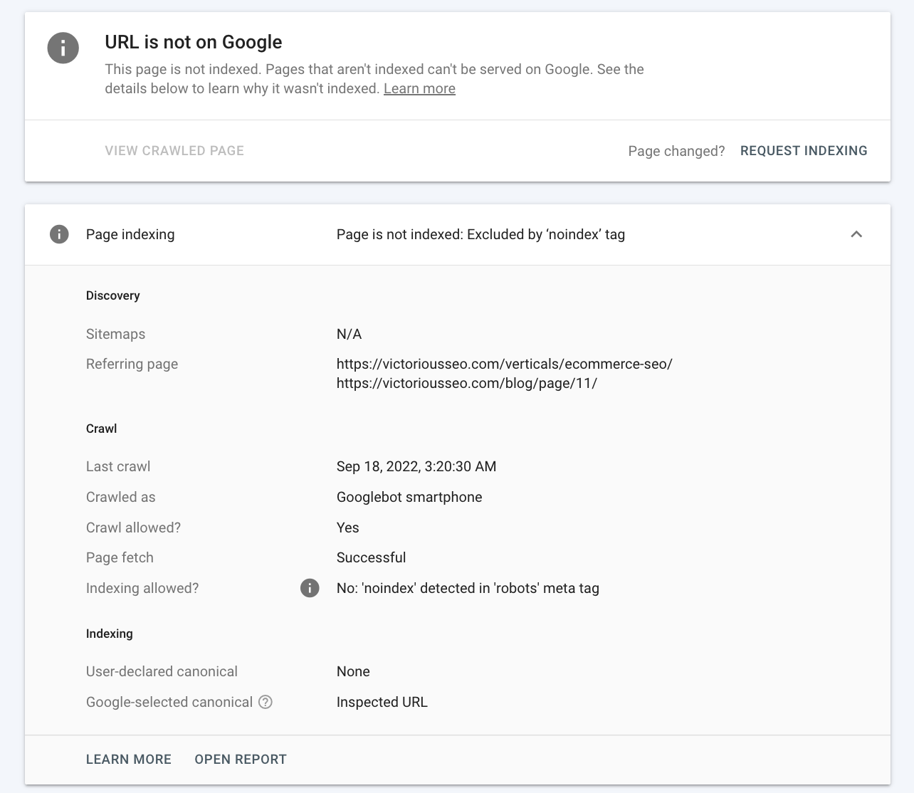 Lo strumento di ispezione degli URL mostra l'URL non su Google durante l'audit SEO