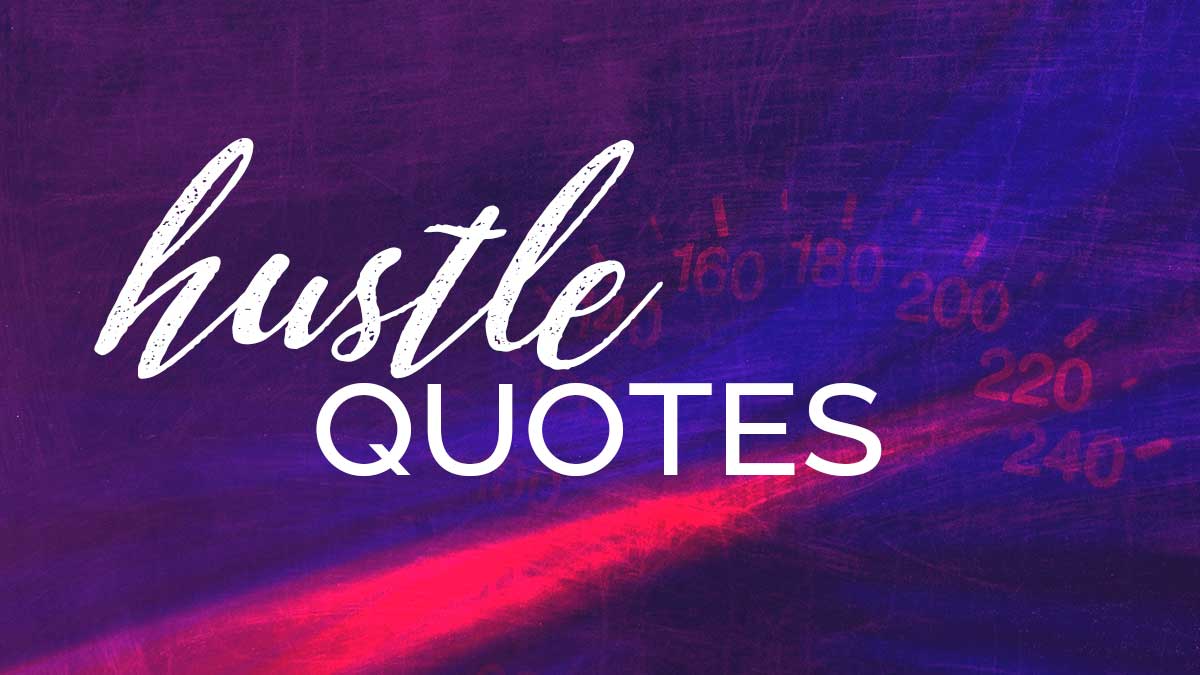 深紫色背景上的紅色車速表，上面有 Hustle Quotes。