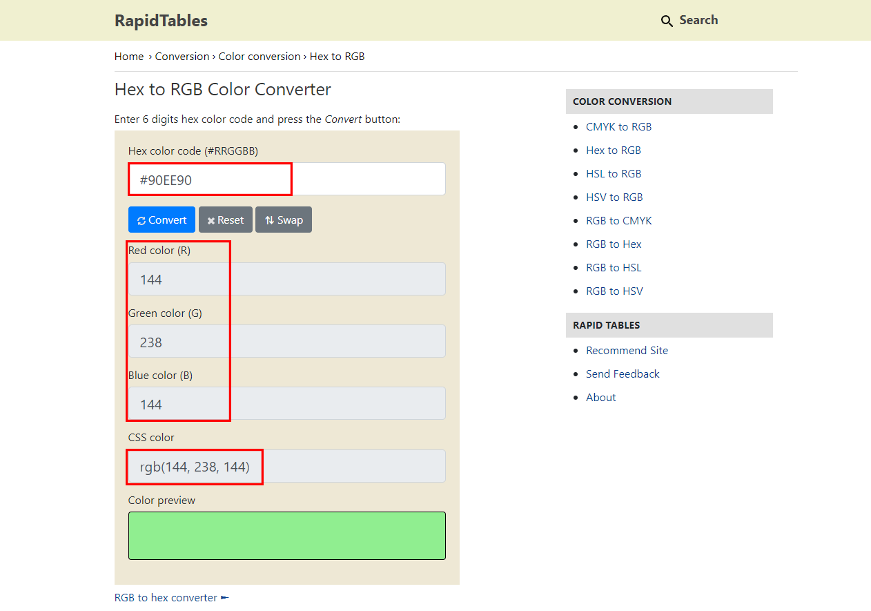 RapidTables hexadecimal a RGBA