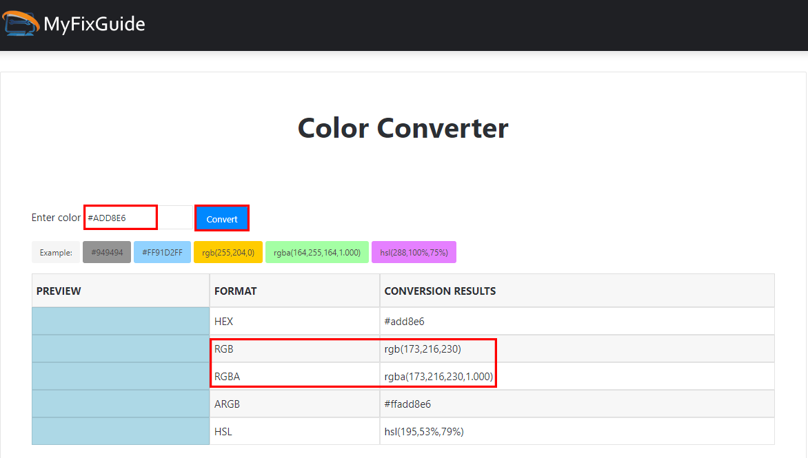 Conversor de código de cores MyFixGuide