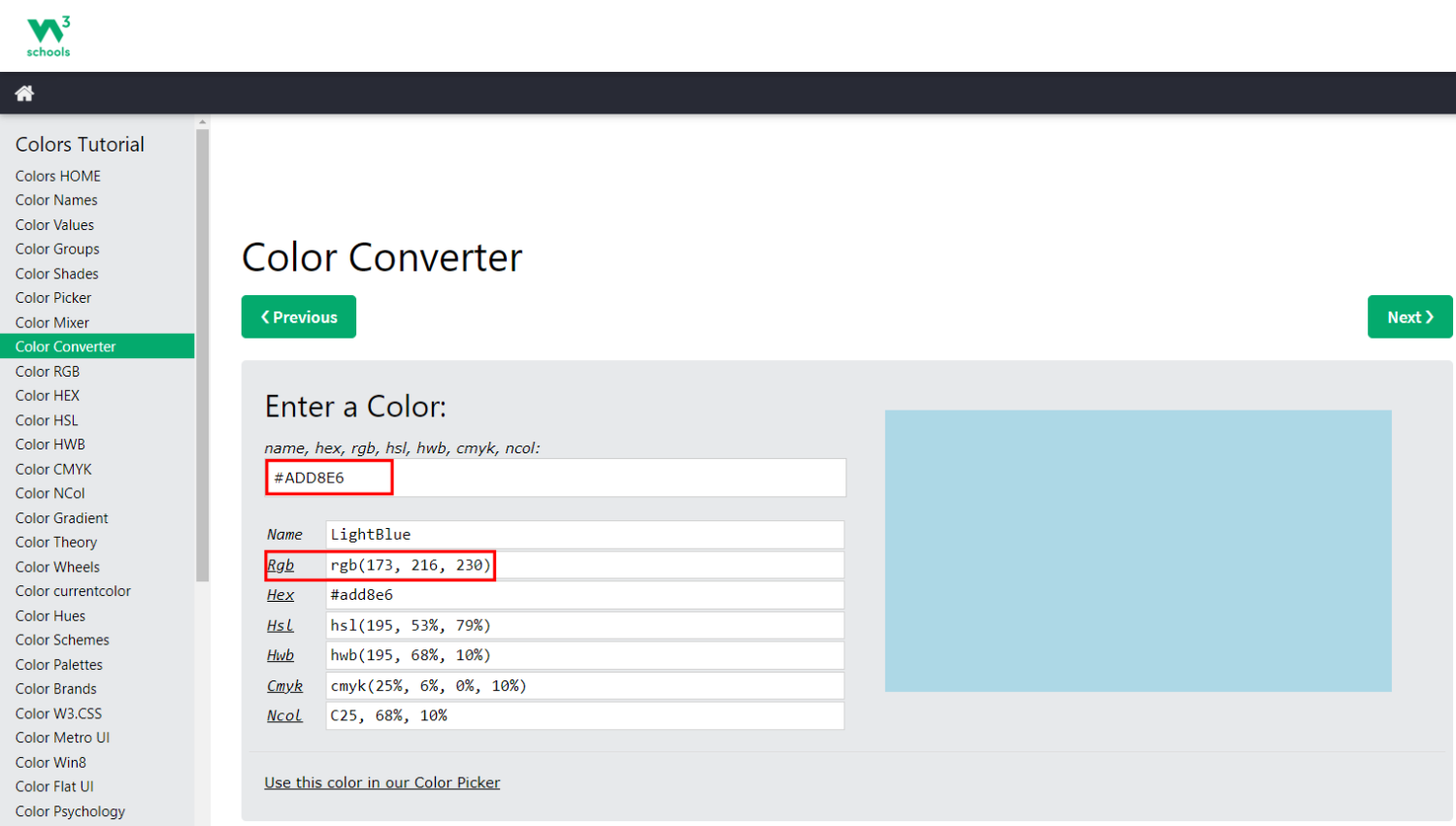 Convertitore di colori W3 Schools