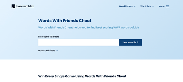 la pagina UnscrambleX Words with Friends 1