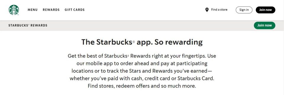 Captură de ecran a paginii de pornire Starbucks Rewards