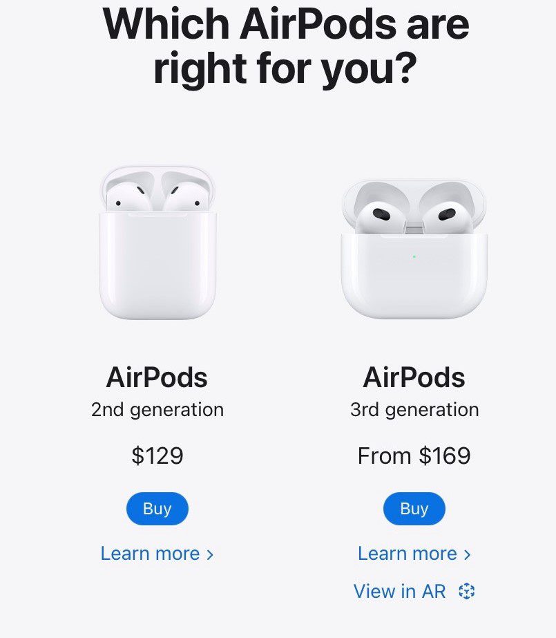 Captură de ecran a paginii Apple AirPods care arată diferite AirPod-uri disponibile