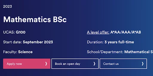 screenshot of mathematics bsc course page