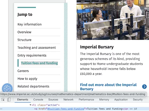 screenshot of imperial university's course page