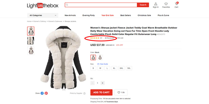 Calificación y reseñas resaltadas en rojo en una página de producto de LightInTheBox