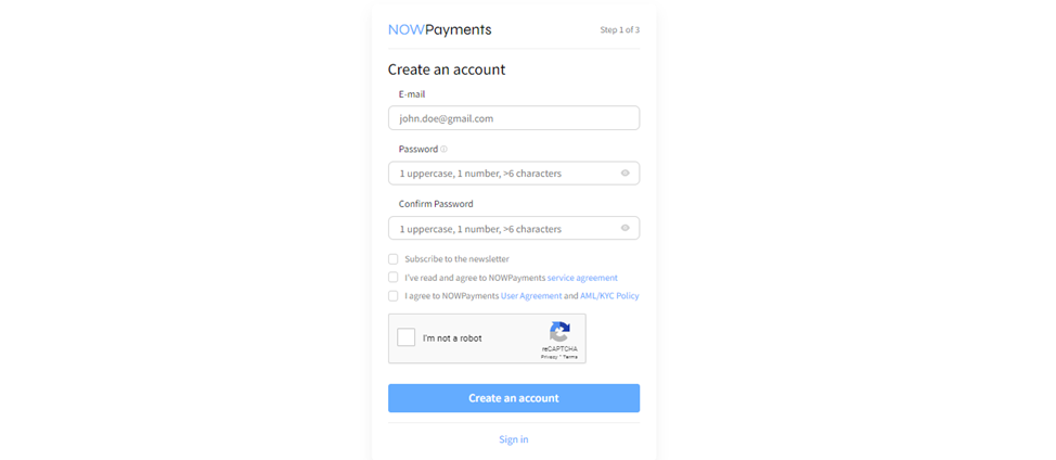 Создайте учетную запись NOWPayments