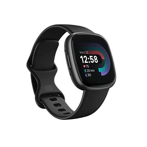 Fitbit Versa 4 健身智能手表，带每日就绪功能、GPS、24/7 心率、40 多种锻炼模式、睡眠跟踪等，黑色/石墨色，均码（包括 S 和 L 表带）