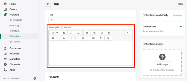Shopify collections page description field