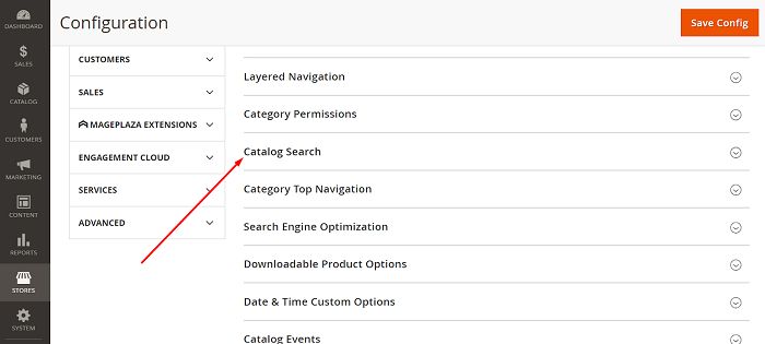 panel de configuración de magento