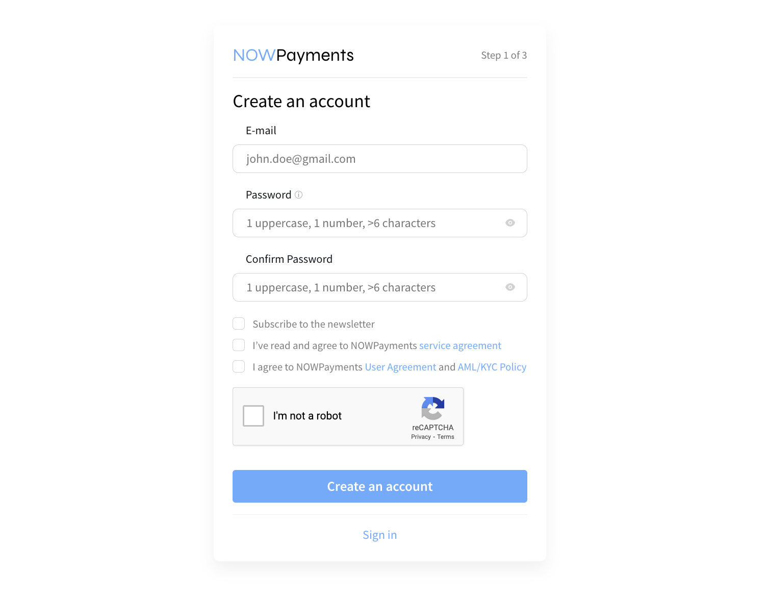 Buat akun di NOWPayments