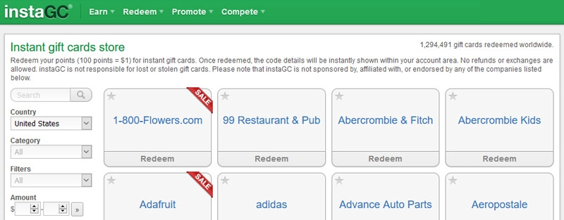 InstaGC で交換できるギフトカード