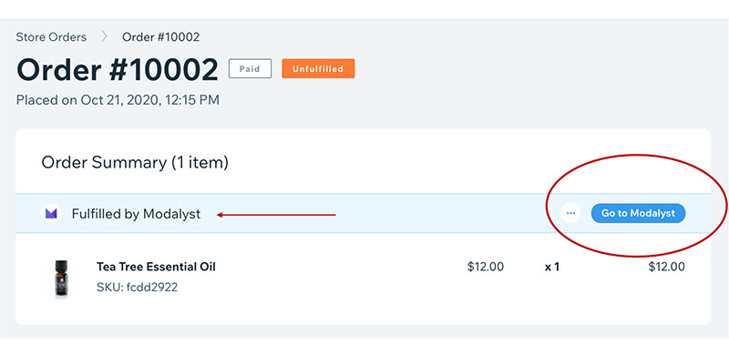 Processamento de pedidos do Modalyst no back-end do Shopify